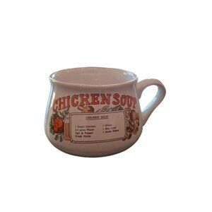 Vintage Ceramic Chicken Soup Recipe Mug With Handle Beige Orange Retro